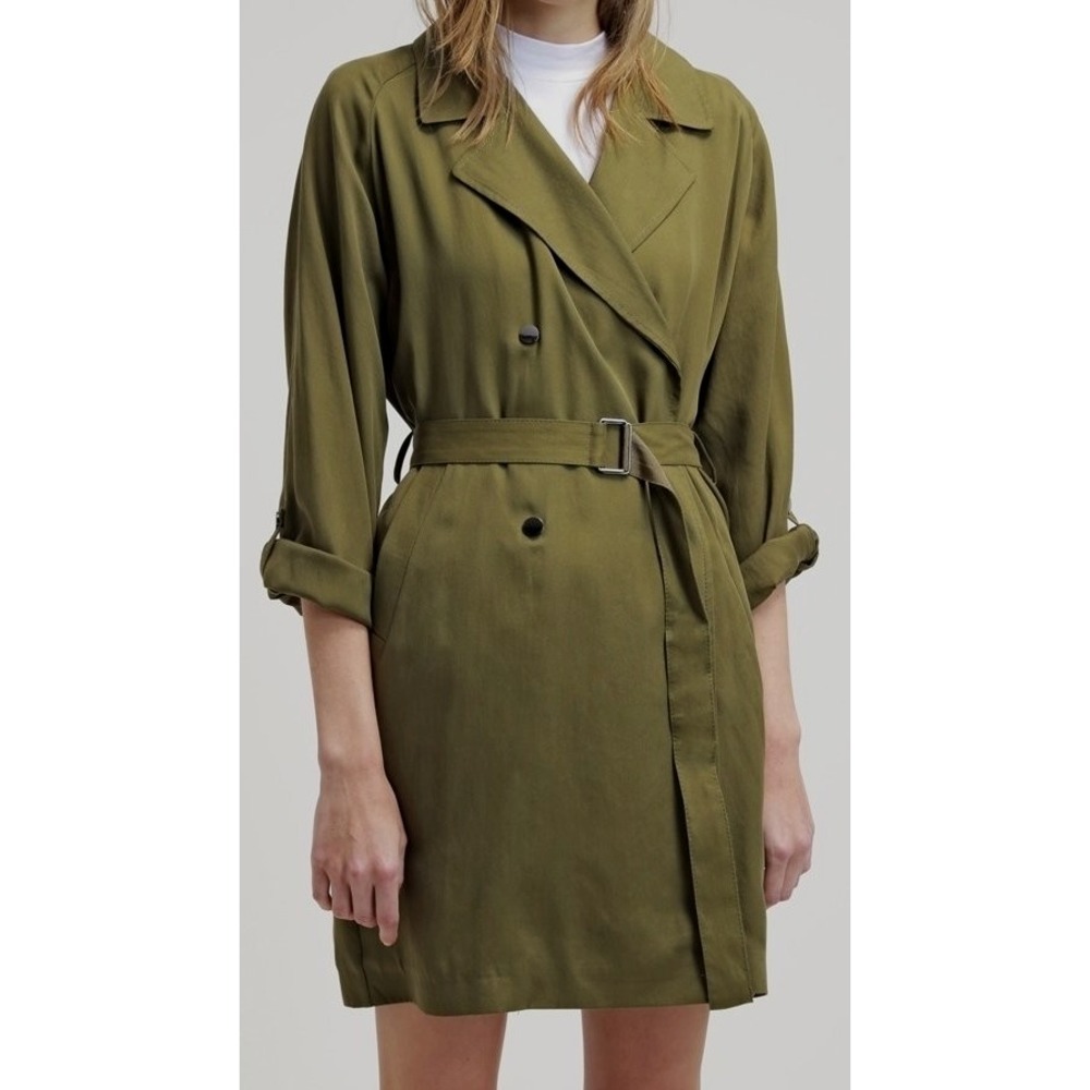 TOPSHOP green womans 2 roll tab sleeves belted 100% Lyocell trench coat